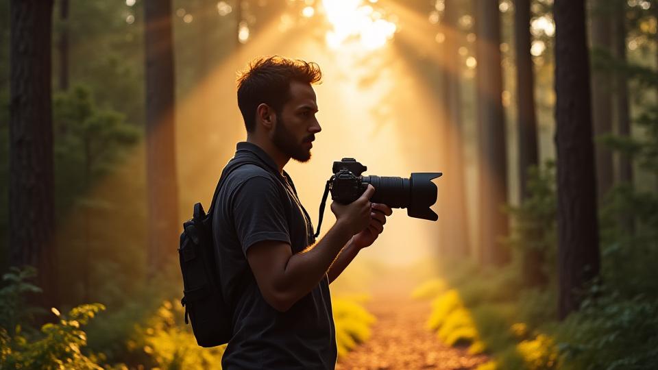 Photographe en forêt capturant la lumière naturelle, symbolisant la passion pour la nature de Sylva Studio.